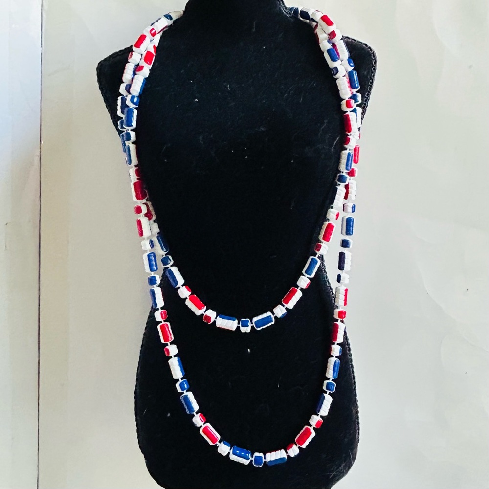 Red, White, and Blue Beaded Extra Long Necklace Layer